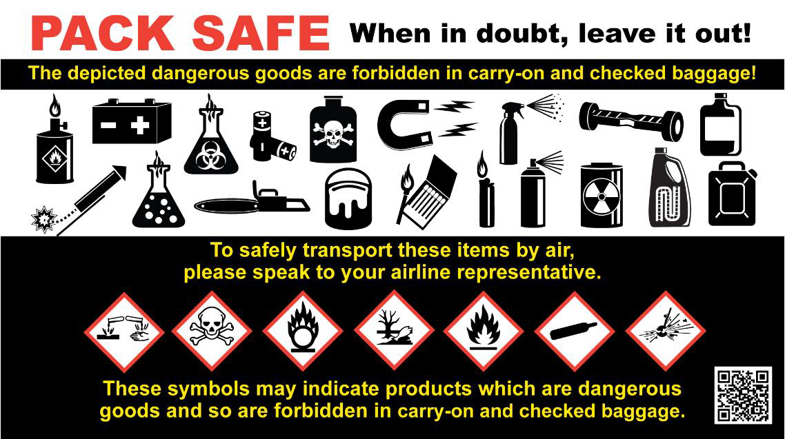 Graphic of Dangerous Goods Forbidden in your carry on and checked baggage. 